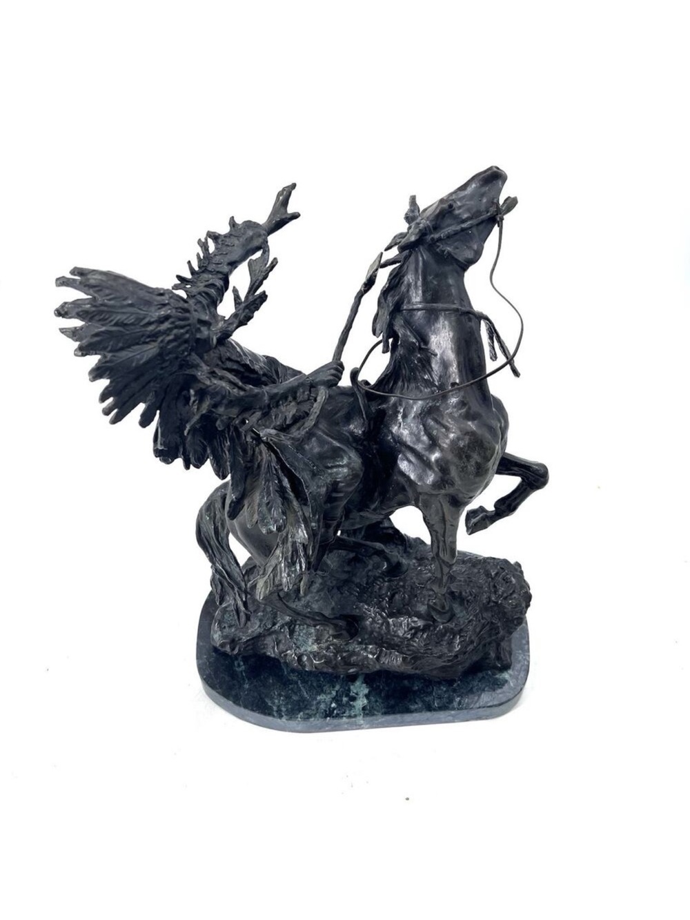 Carl Kauba Bronze Sculpture Native American Indian on Horseback on Marble Base